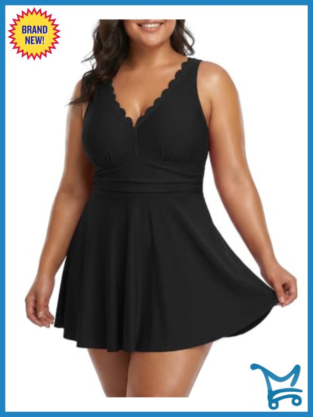 Plus Size One Piece Swim Dress Scalloped V-Neck Tummy Control